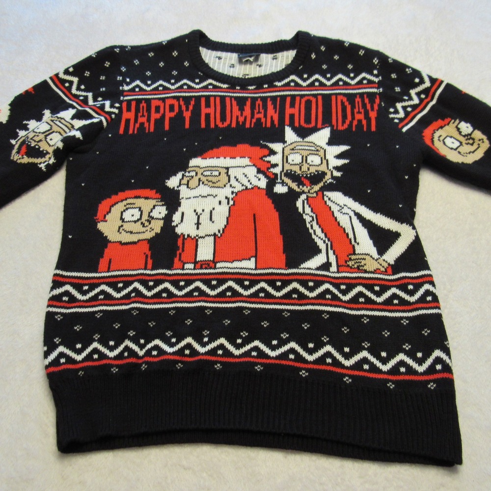 Rick and Morty Sweater Men's Medium Black Happy Human Holiday Knit